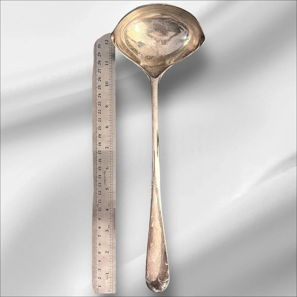 VTG Leonard Punch Soup Ladle Made in Italy Lg. Silver Plated Minimalist 12” Long